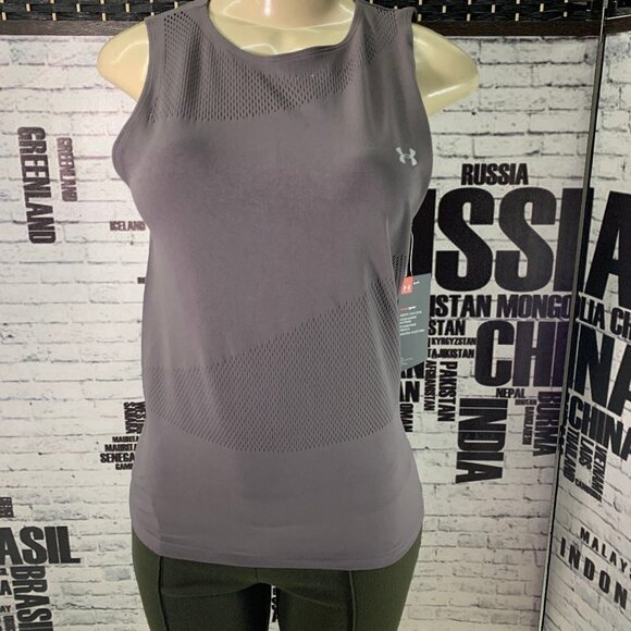 Under Armour L Gray Mesh Logo Heatgear Stretch Fitted Tank Top - Picture 1 of 6